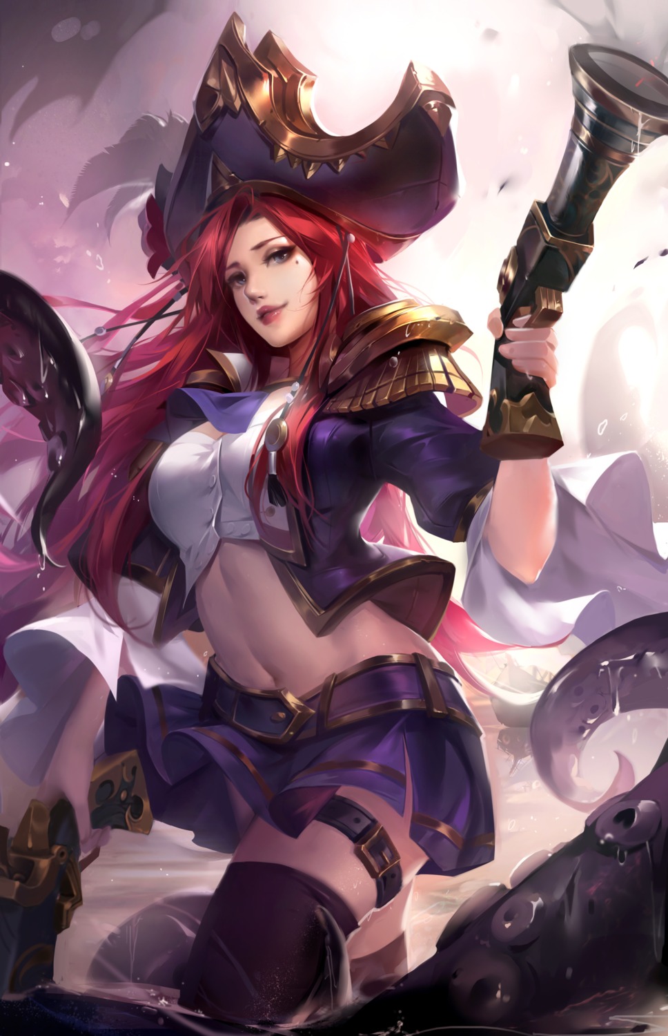 armor garter gun kana-kana_(tracyton) league_of_legends miss_fortune skirt_lift tentacles thighhighs wet