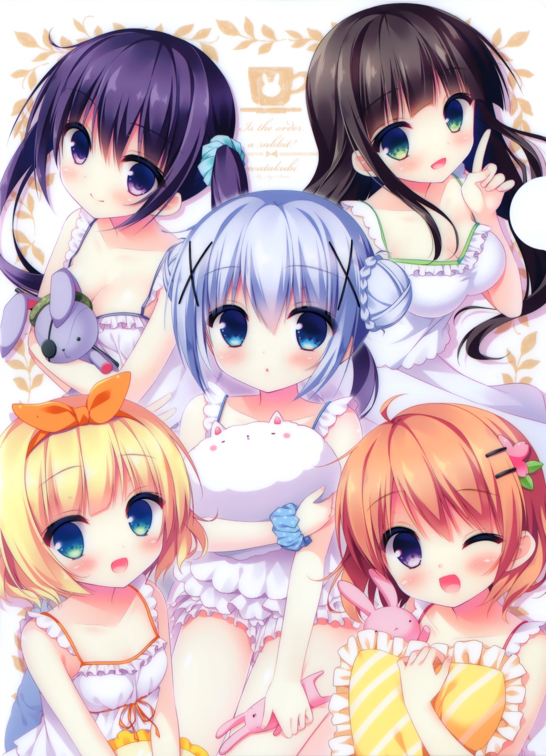 cleavage dress gochuumon_wa_usagi_desu_ka? hoto_cocoa kafuu_chino kirima_sharo pajama sasai_saji tedeza_rize tippy_(gochiusa) ujimatsu_chiya