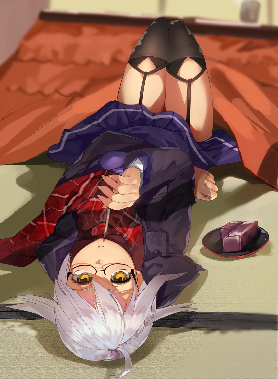 abe_napori breast_hold fate/grand_order heroine_x_alter megane seifuku skirt_lift stockings thighhighs