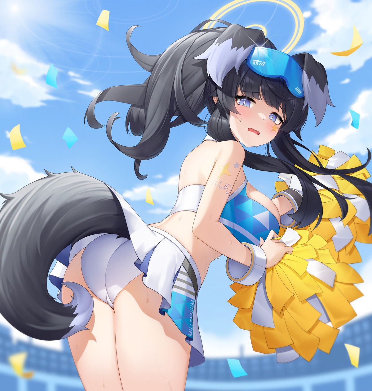 animal_ears ass blue_archive cheerleader halo inumimi morung nekozuka_hibiki no_bra pantsu skirt_lift tail tattoo