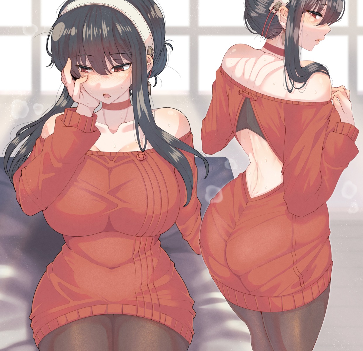 ass cleavage dress no_bra pantyhose spy_x_family sweater wakura_(gcdan) yor_briar