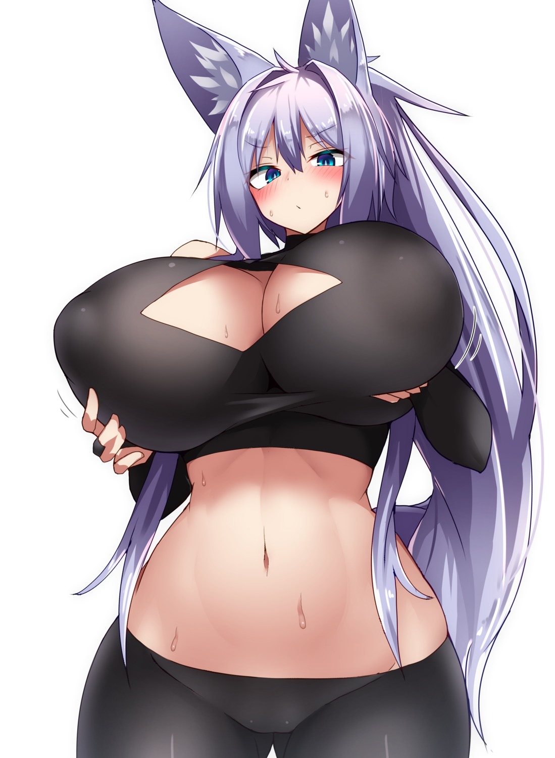 animal_ears breast_hold erect_nipples indigo kitsune no_bra tail tylwing wet