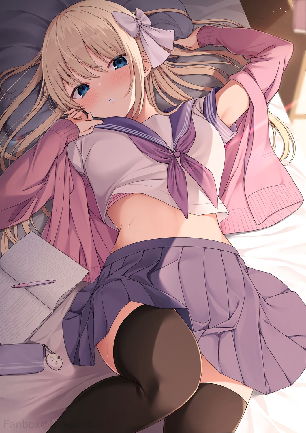 bra nekokobushi seifuku shirt_lift skirt_lift sweater thighhighs