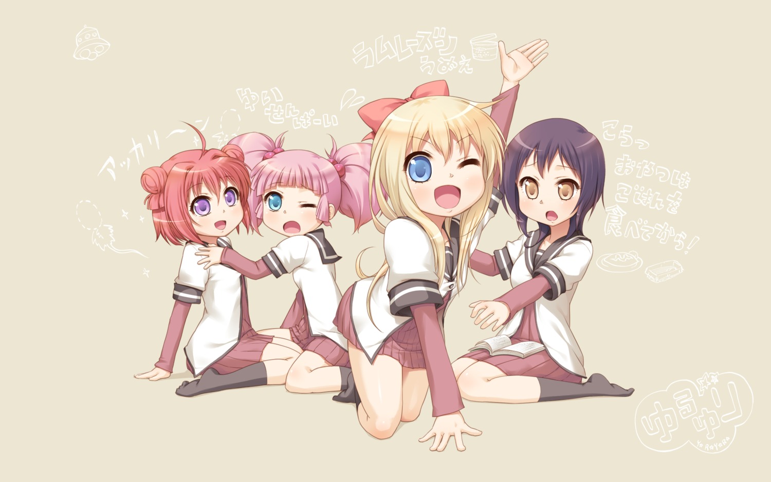 akaza_akari funami_yui masamaru seifuku toshinou_kyouko wallpaper yoshikawa_chinatsu yuru_yuri