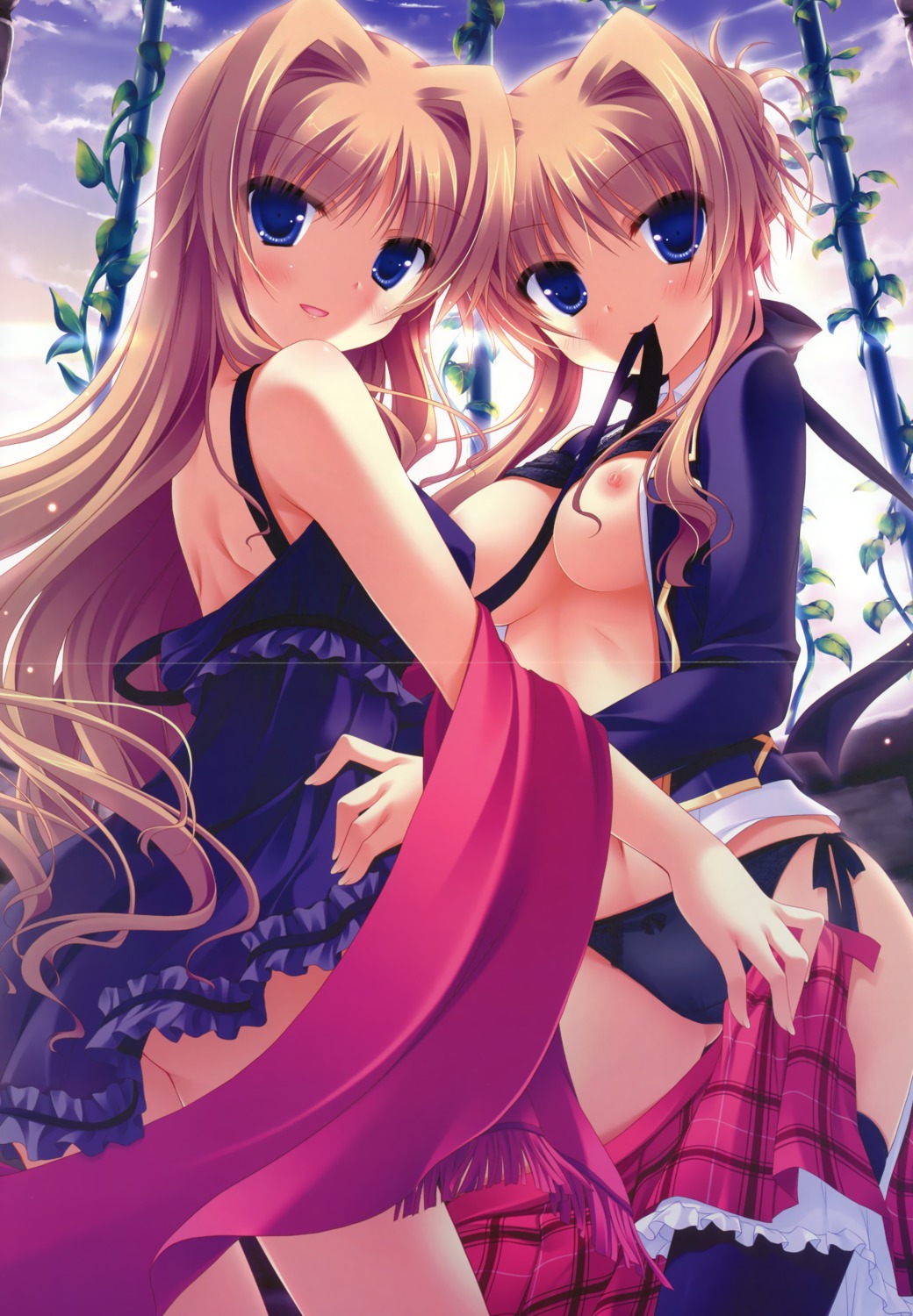 breasts cabbit chisha crease dress lingerie midori_no_umi nipples no_bra open_shirt pantsu thighhighs undressing yukie