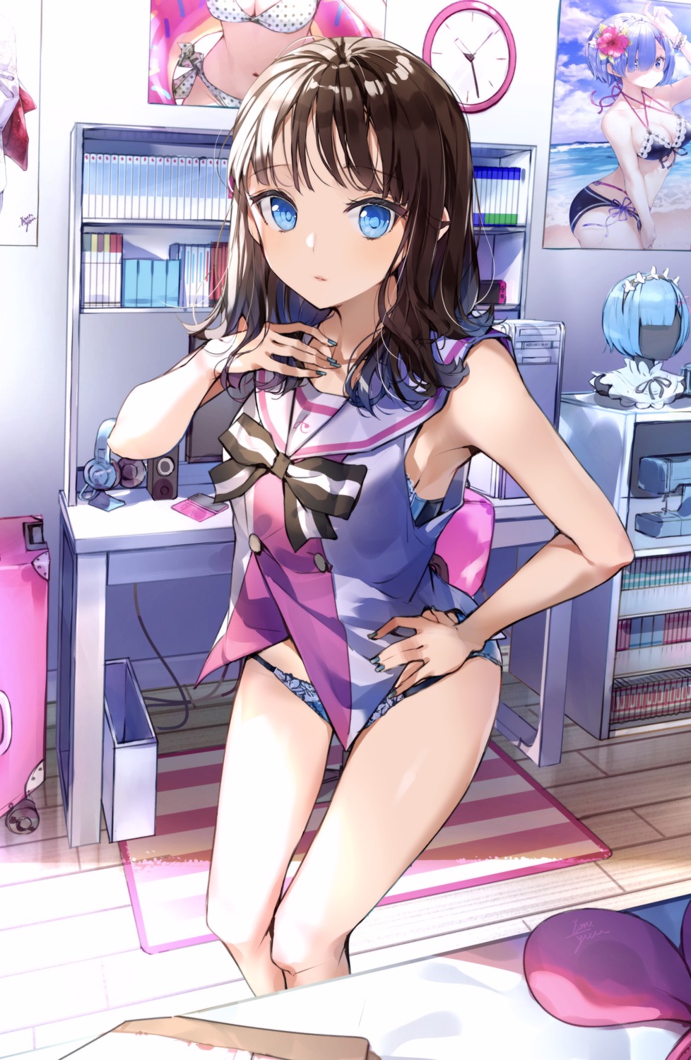 a.i._channel bikini crossover kizuna_ai pantsu re_zero_kara_hajimeru_isekai_seikatsu rem_(re_zero) seifuku swimsuits takenoko_no_you