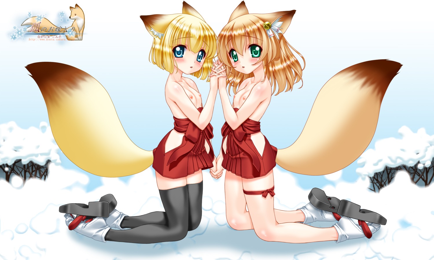 animal_ears garter heels kitsune loli miko nakajima_konta nipples snow_fox symmetrical_docking tail thighhighs topless