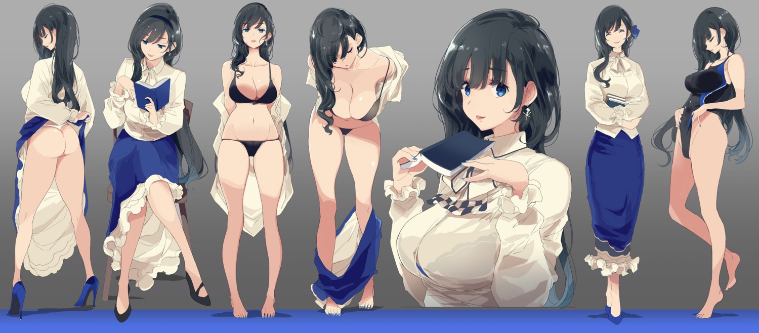 ass bikini bra heels mikoto_akemi open_shirt pantsu see_through skirt_lift swimsuits thong undressing