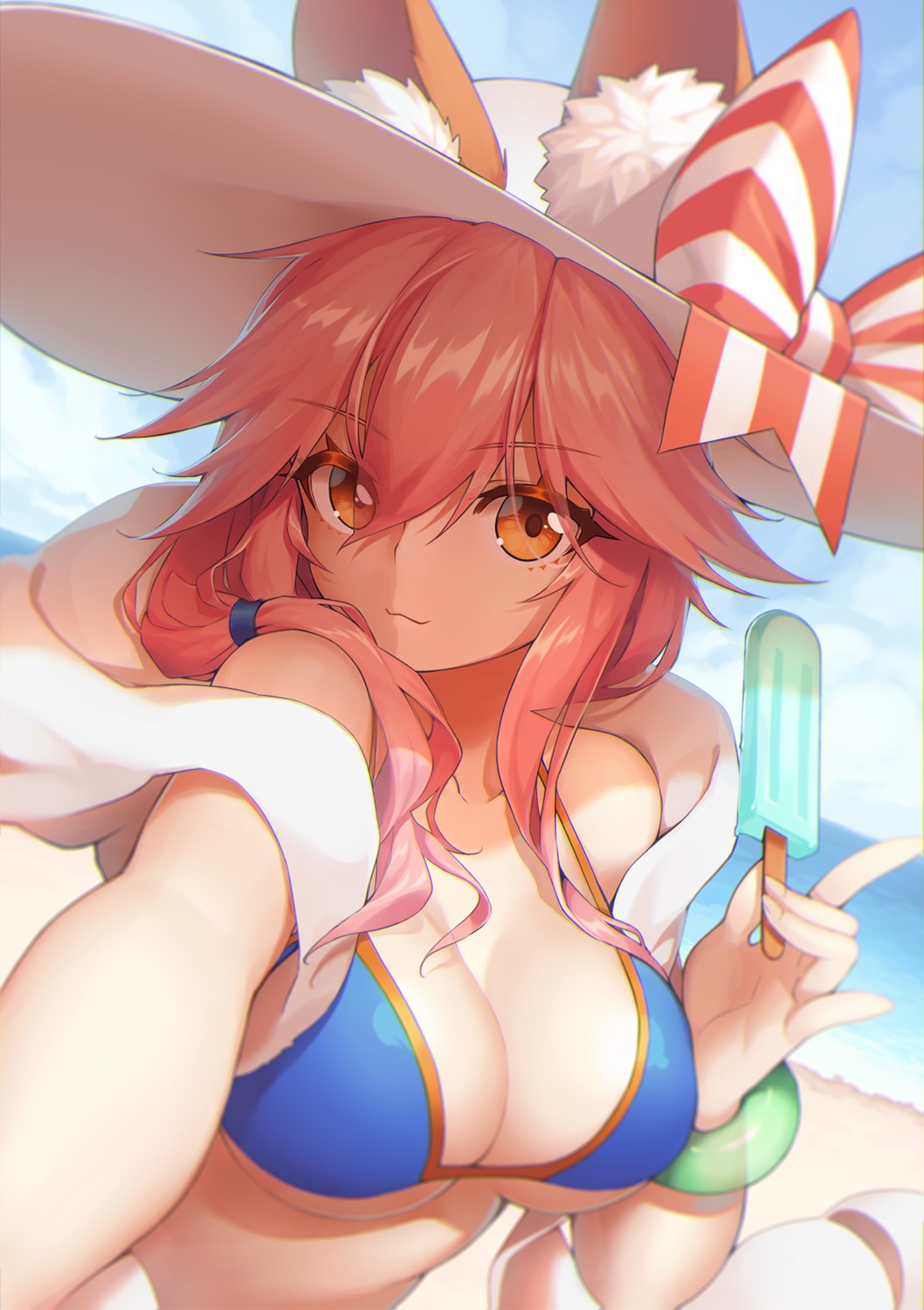 animal_ears bikini_top cleavage fate/extra fate/grand_order fate/stay_night moku swimsuits tamamo_no_mae underboob