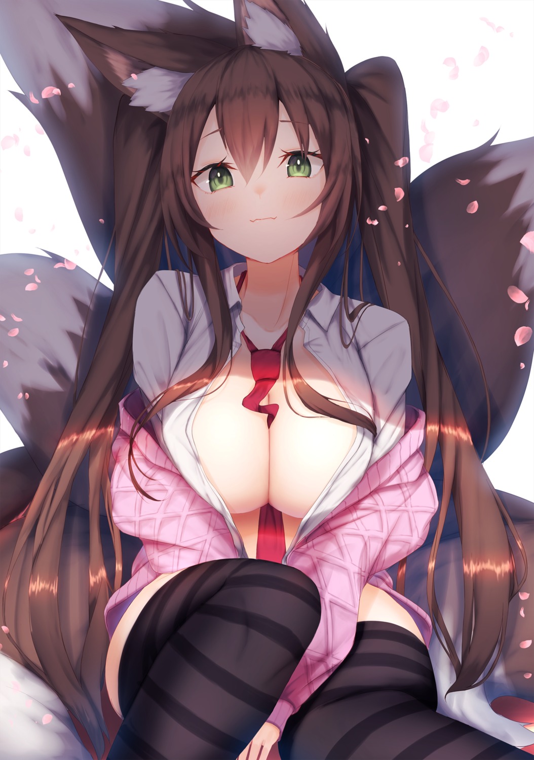 animal_ears kitsune nidaime no_bra open_shirt plushmallow seifuku sweater tail thighhighs