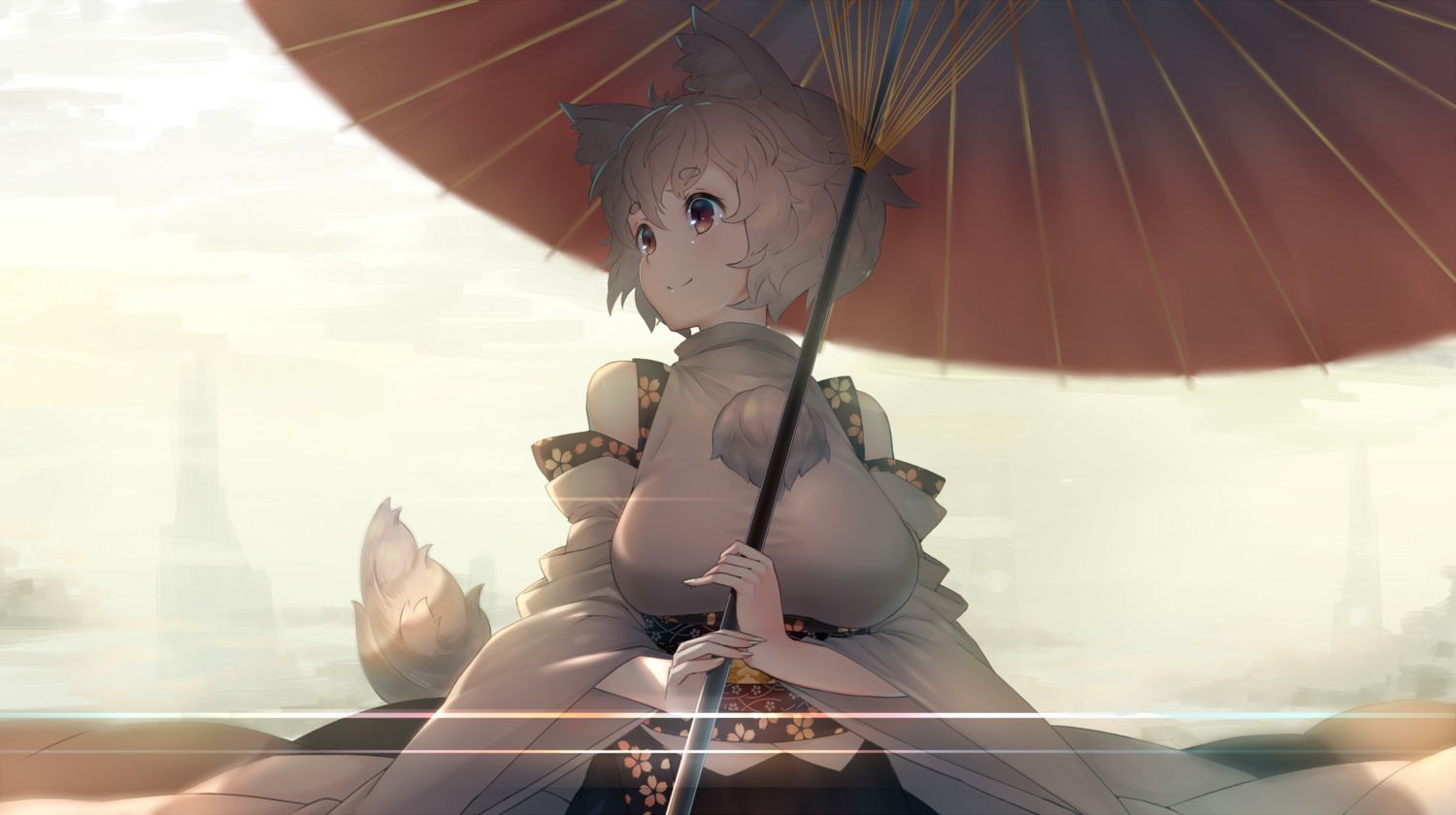 adukikumanoi animal_ears inubashiri_momiji japanese_clothes tail touhou umbrella