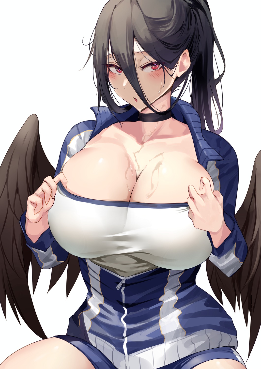 blue_archive cleavage gym_uniform hanekawa_hasumi namazu_(yamasonson) no_bra undressing wet wings