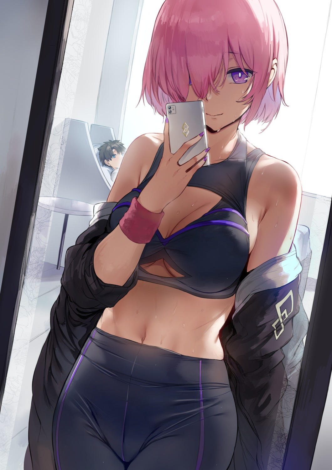 cleavage fate/grand_order fujimaru_ritsuka_(male) gym_uniform hews mash_kyrielight selfie