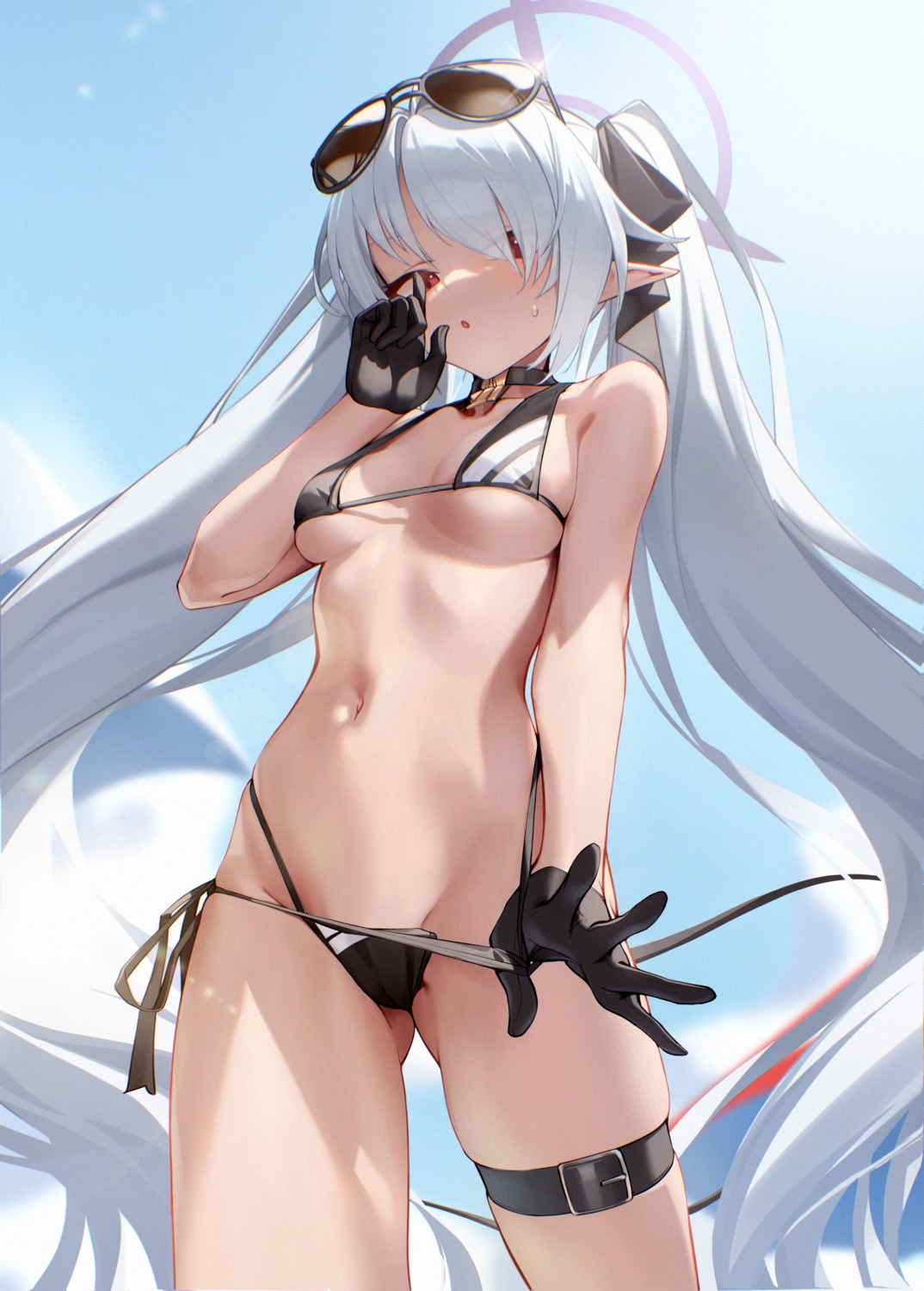 bikini blue_archive garter halo loli megane panty_pull pjman pointy_ears shiromi_iori swimsuits tail undressing