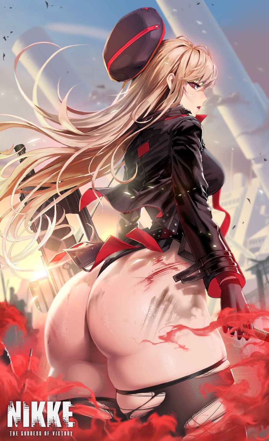 ass blood goddess_of_victory:_nikke gun leotard rapi_(nikke) sb_(dlwnsrl1783) thighhighs torn_clothes uniform