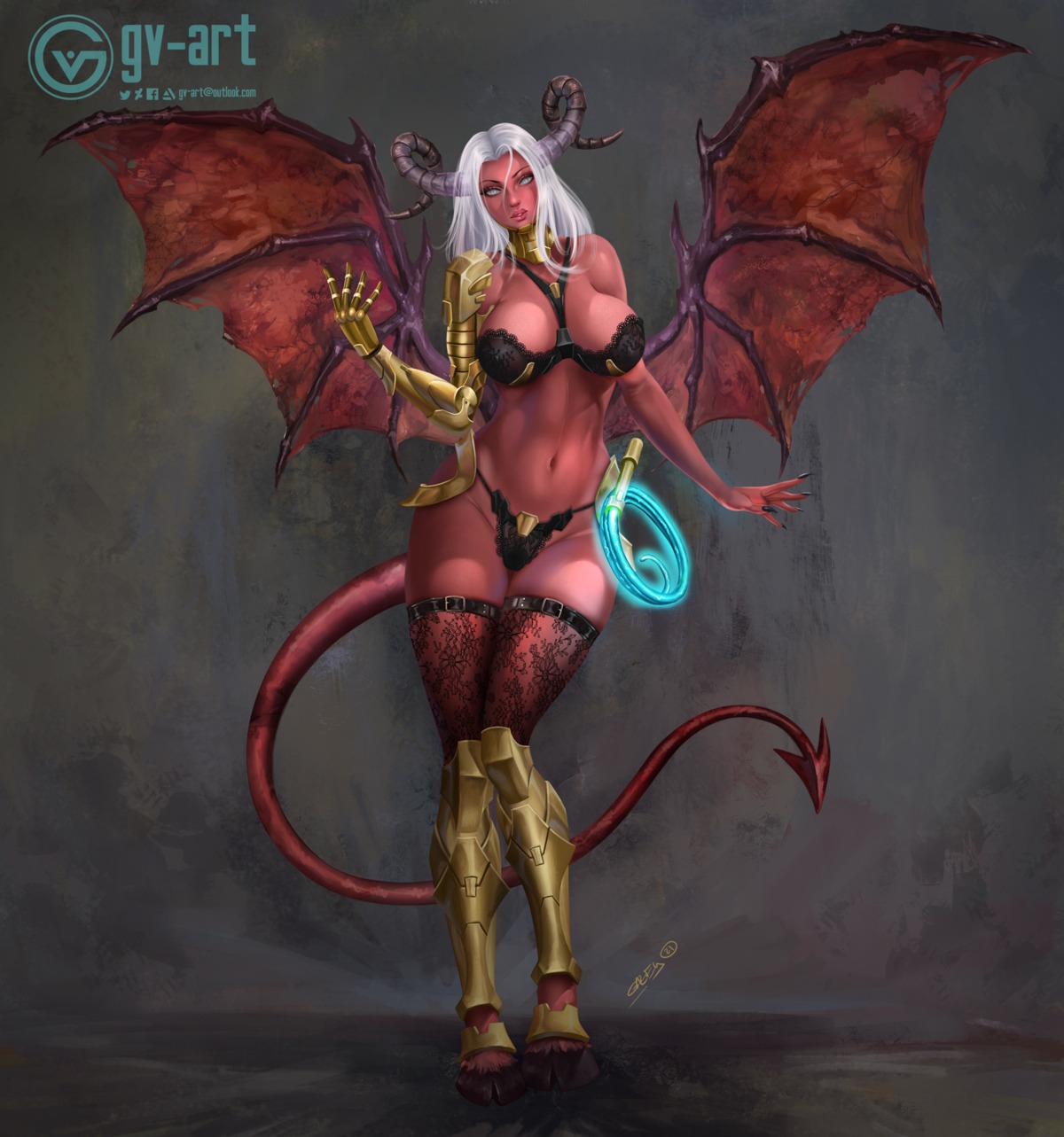 armor bra devil gv-art horns lingerie monster_girl pantsu tail thighhighs weapon wings