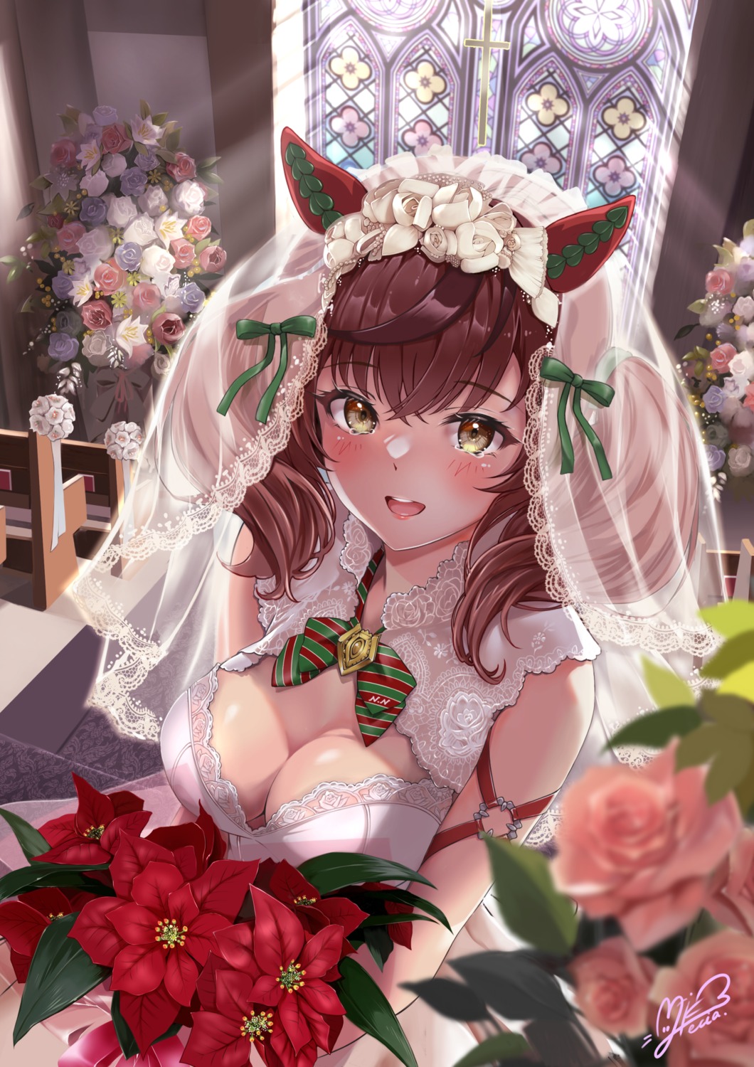 animal_ears dress miki_lutecia nice_nature_(umamusume) no_bra see_through uma_musume_pretty_derby wedding_dress