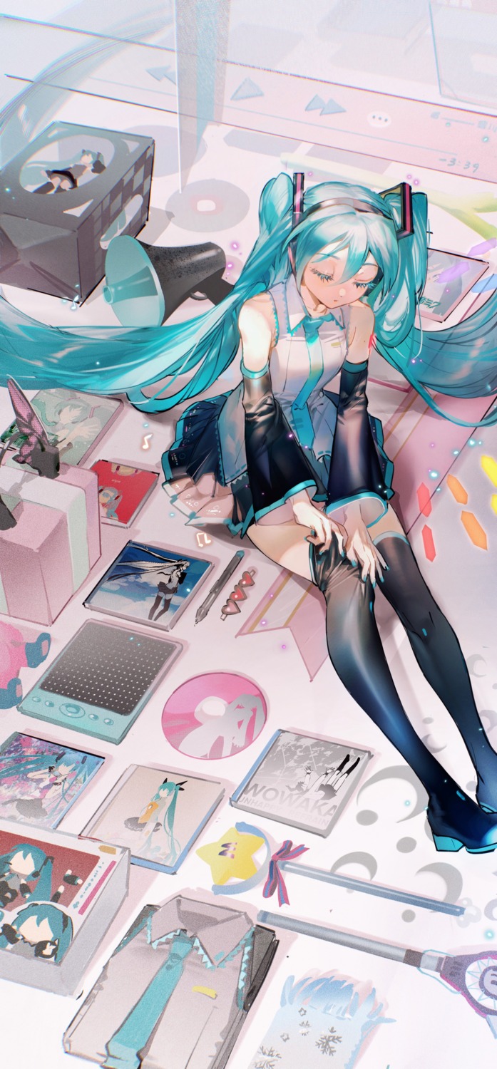 hatsune_miku headphones heels rumoon tattoo thighhighs undressing vocaloid