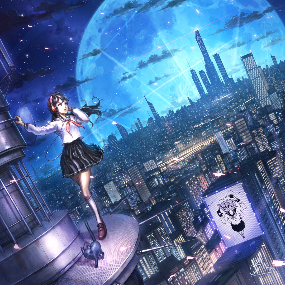 disc_cover headphones landscape neko seifuku shiki_makoto