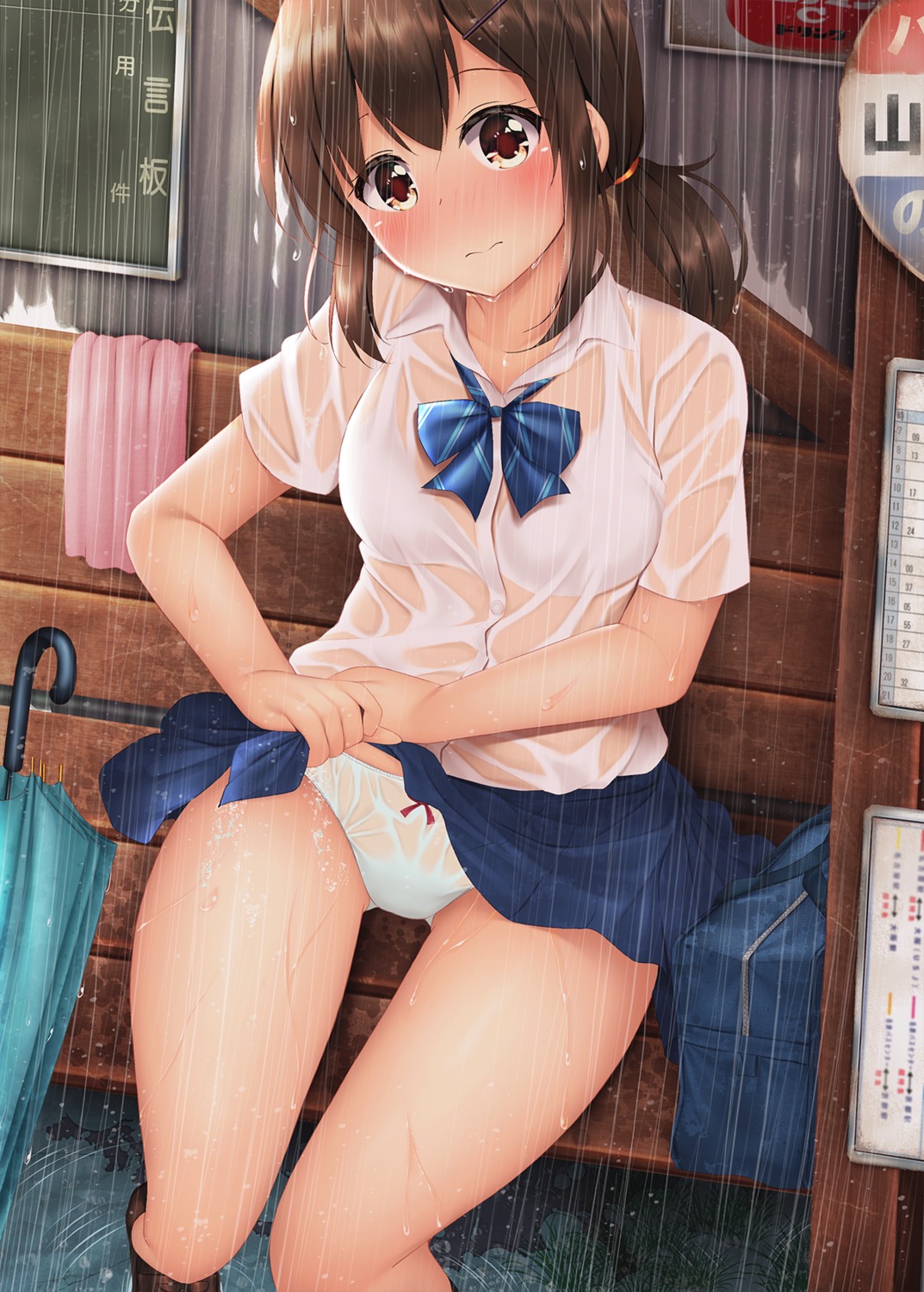 bra minato_ojitan pantsu see_through seifuku skirt_lift wet wet_clothes