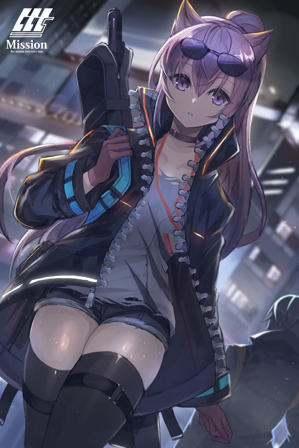 amahara_subaru animal_ears garter gun megane thighhighs torn_clothes