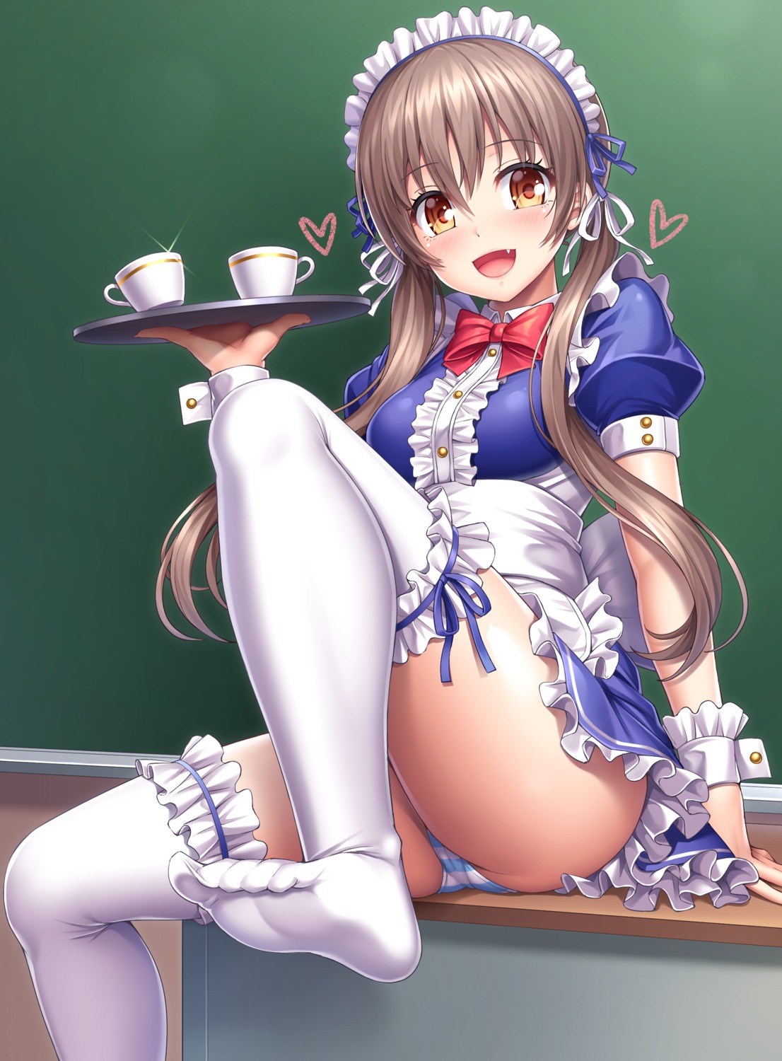 cameltoe feet lambda_(artist) maid pantsu shimapan skirt_lift thighhighs