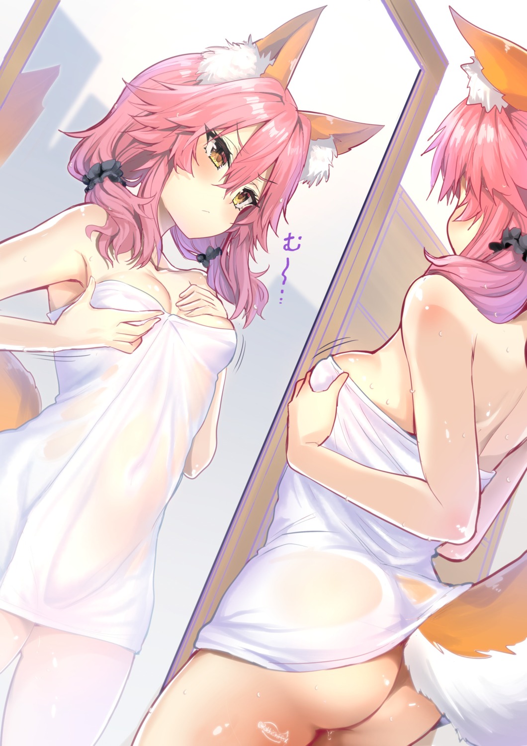 animal_ears ass breast_grab breast_hold fate/extra fate/stay_night kitsune naked see_through tail tamamo_no_mae towel wet wisespeak
