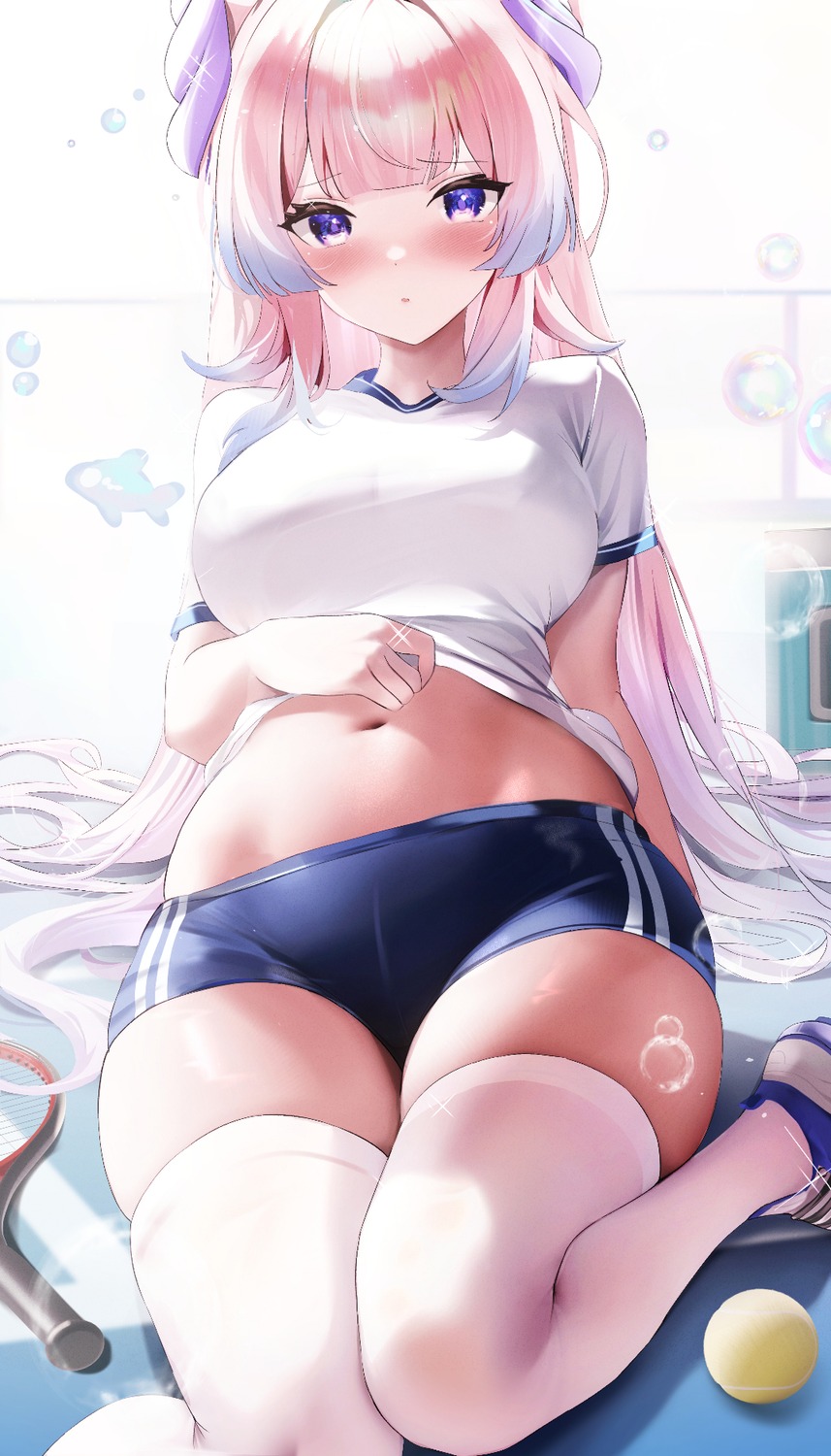 fantongjun genshin_impact gym_uniform sangonomiya_kokomi shirt_lift thighhighs