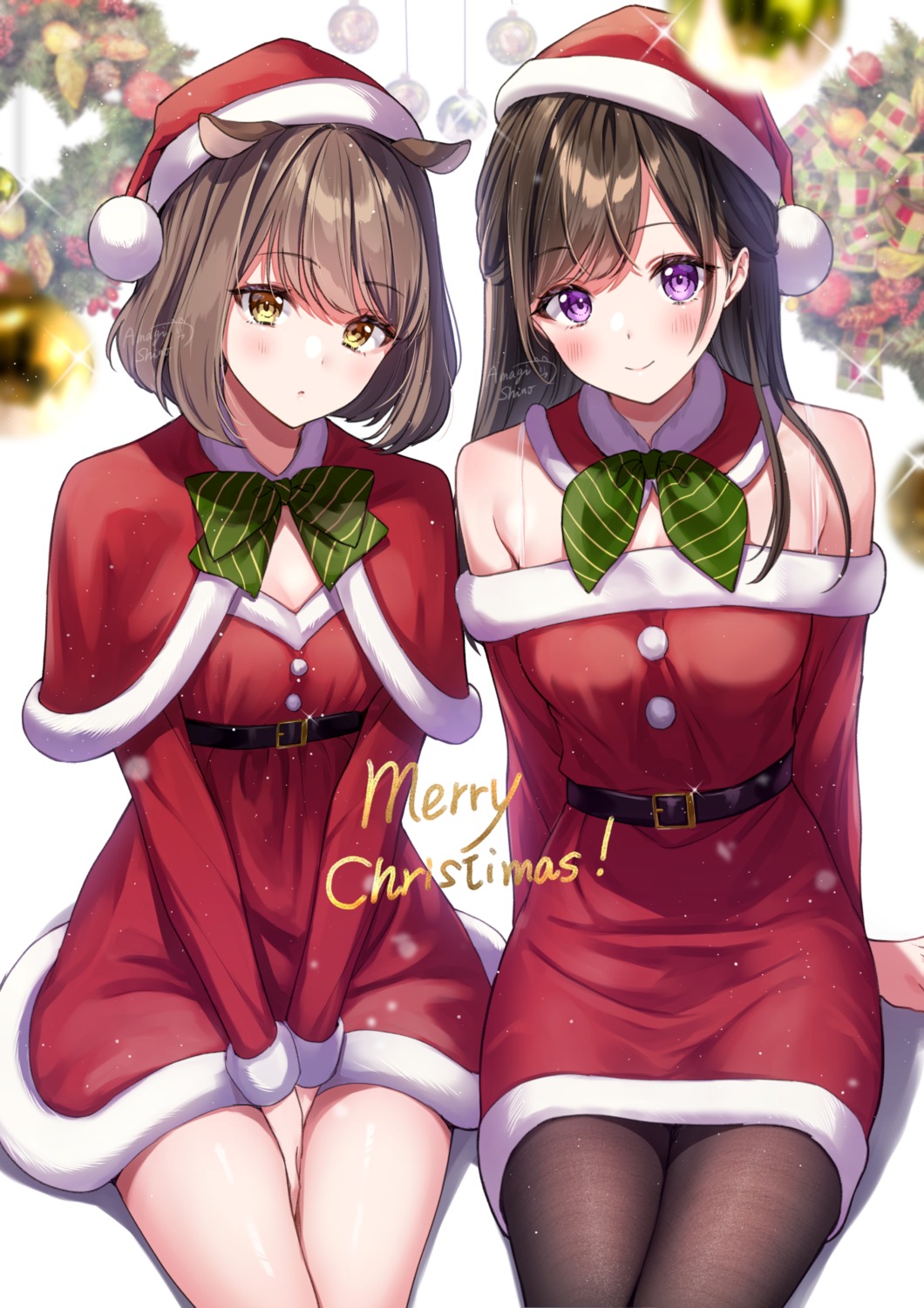 amagi_shino animal_ears christmas cleavage dress pantyhose