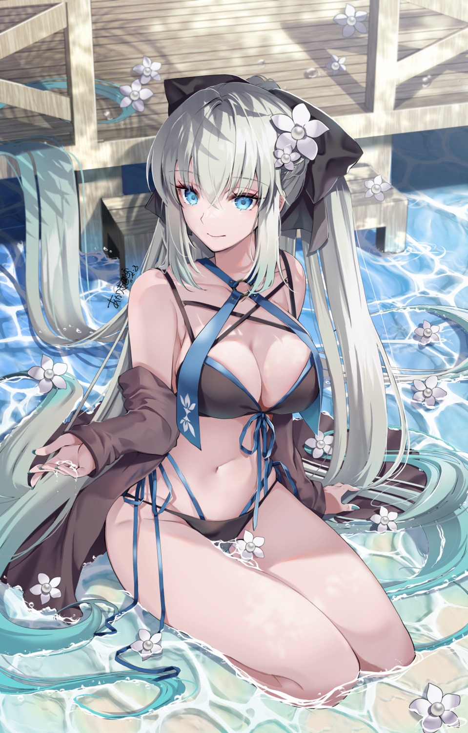 akatsuki_hijiri bikini fate/grand_order morgan_le_fay_(fate) open_shirt swimsuits wet