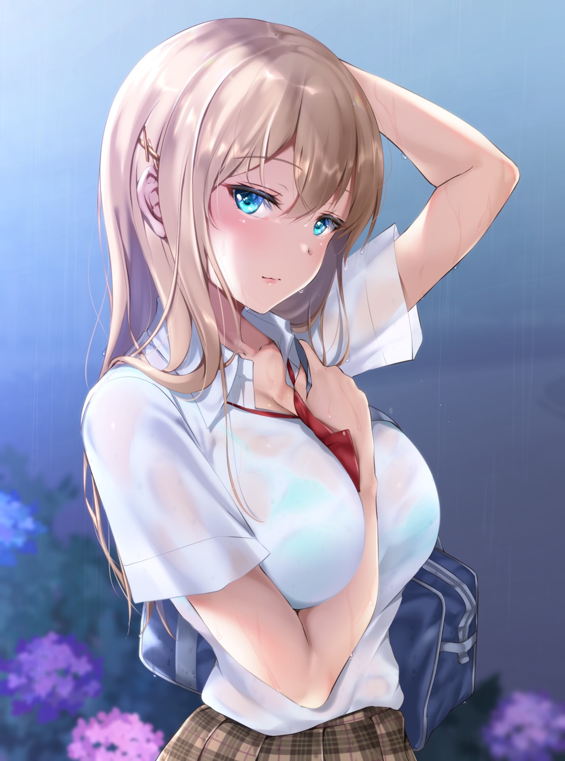 bra breast_hold see_through seifuku wet wet_clothes yutsuki_tsuzuri