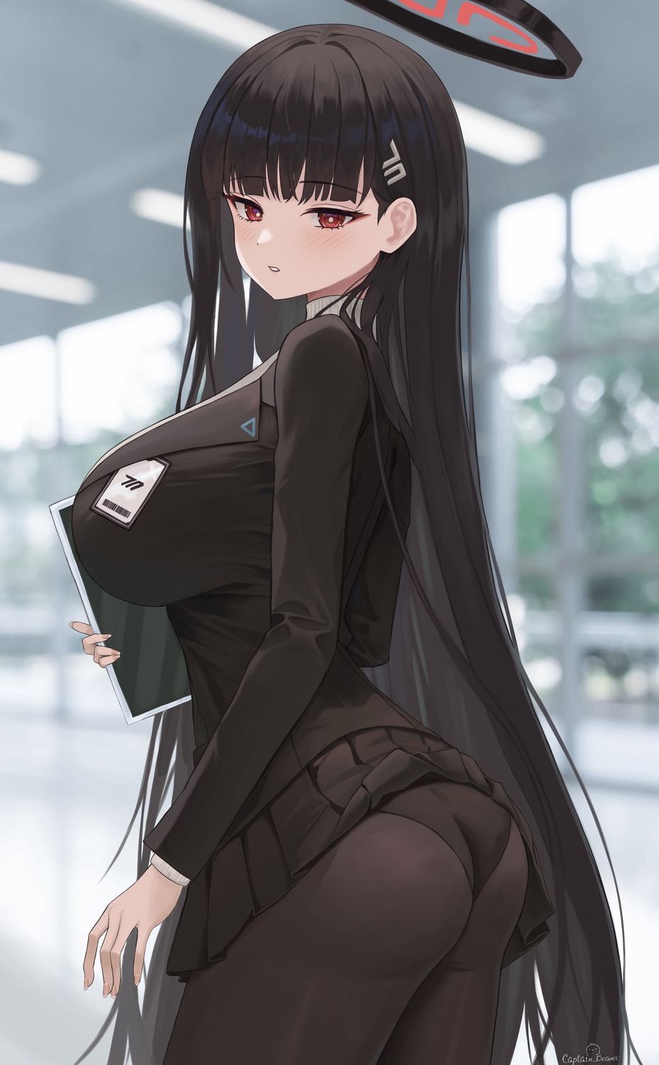 ass blue_archive business_suit dubeaduver halo pantsu pantyhose skirt_lift tsukatsuki_rio