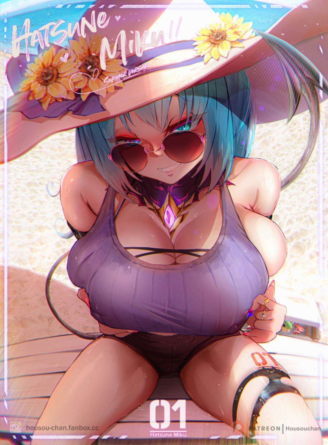 breast_hold erect_nipples garter hatsune_miku housou-chan megane tattoo vocaloid