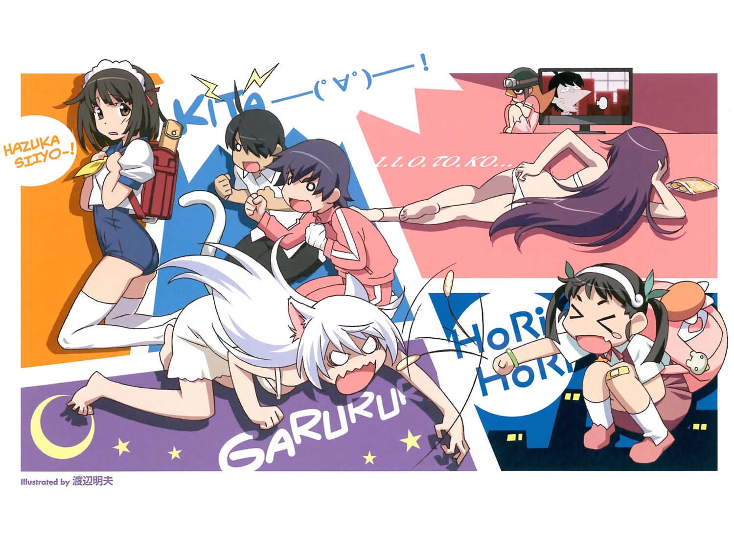 animal_ears araragi_koyomi bakemonogatari bandages bandaid hachikuji_mayoi hanekawa_tsubasa jpeg_artifacts kanbaru_suruga monogatari_(series) naked nekomimi oshino_shinobu school_swimsuit seifuku sengoku_nadeko senjougahara_hitagi swimsuits tail thighhighs watanabe_akio