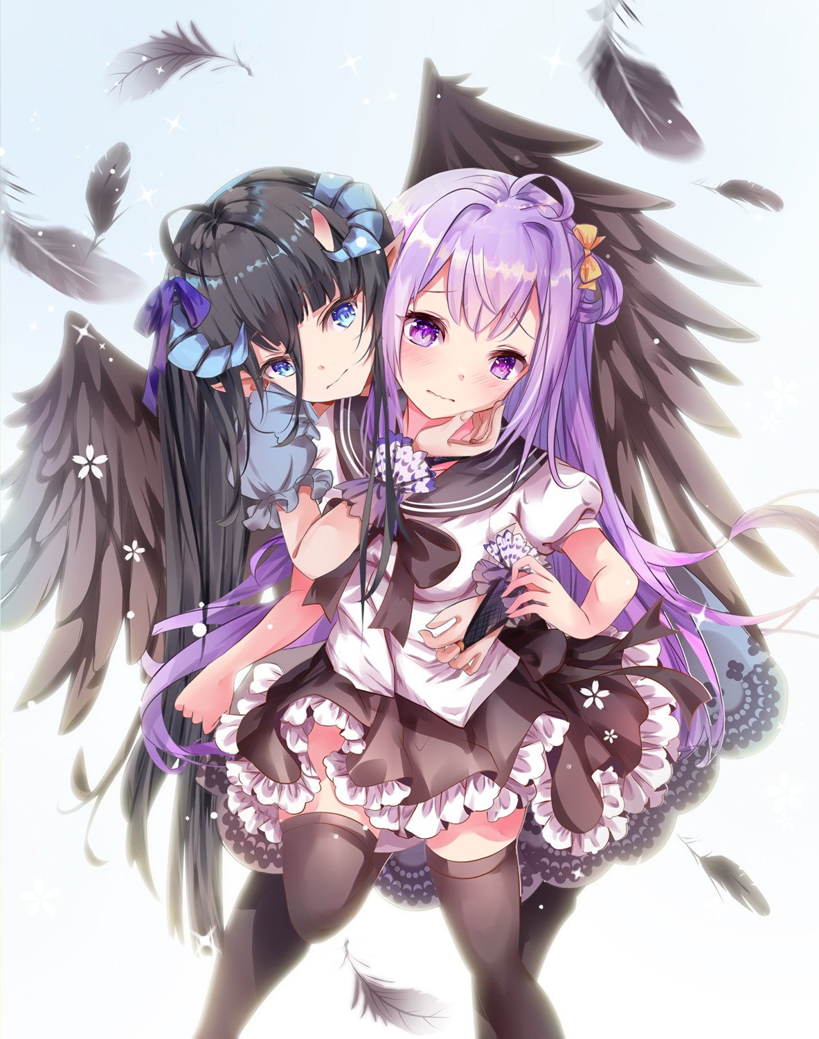 horns mutang pointy_ears seifuku skirt_lift thighhighs wings yuri