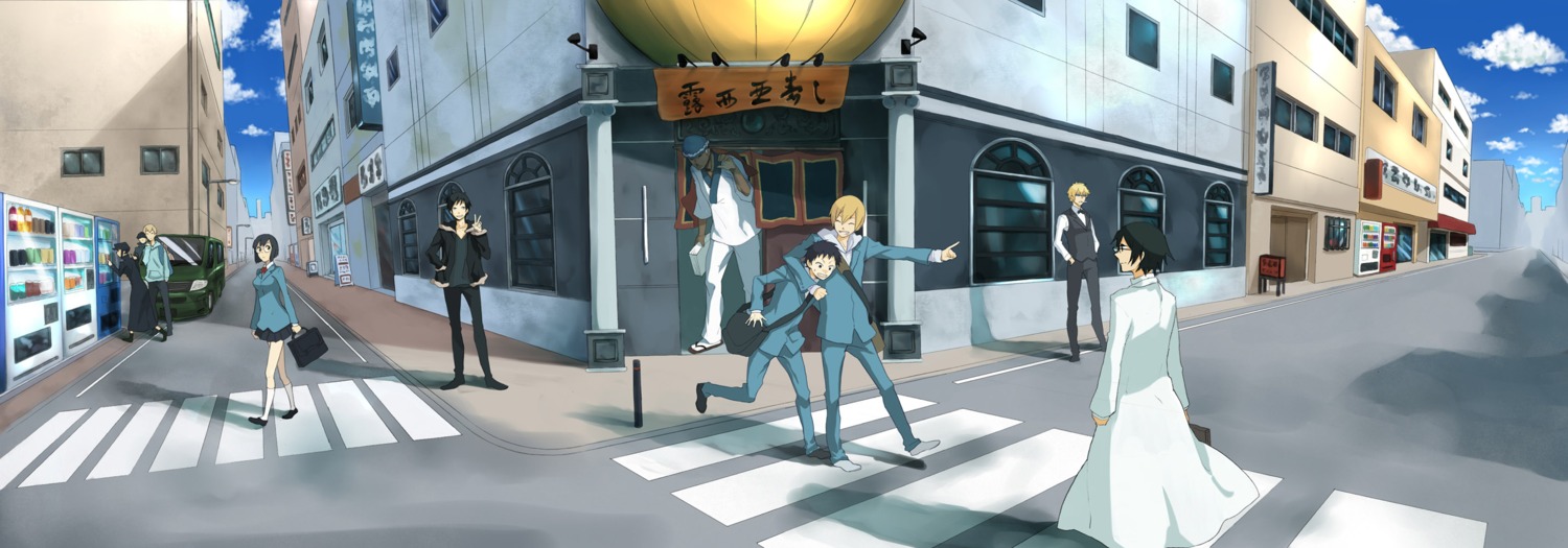 durarara!! heiwajima_shizuo jpeg_artifacts kadota_kyouhei karisawa_erika kida_masaomi kishitani_shinra landscape orihara_izaya ryuugamine_mikado seifuku simon_brezhnev sonohara_anri yumasaki_walker