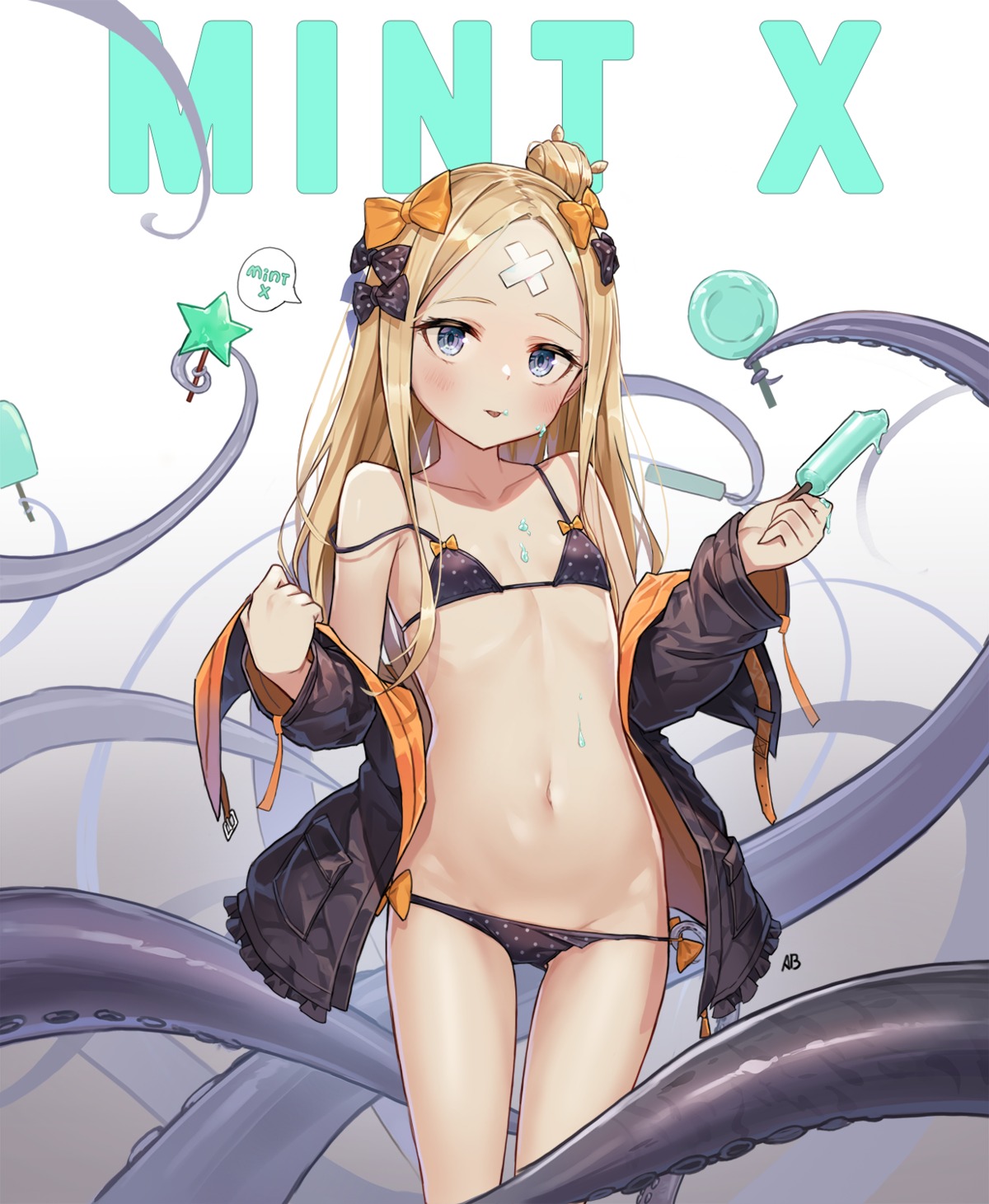 abigail_williams_(fate) aliceblue bandaid bikini fate/grand_order loli open_shirt panty_pull swimsuits tentacles undressing