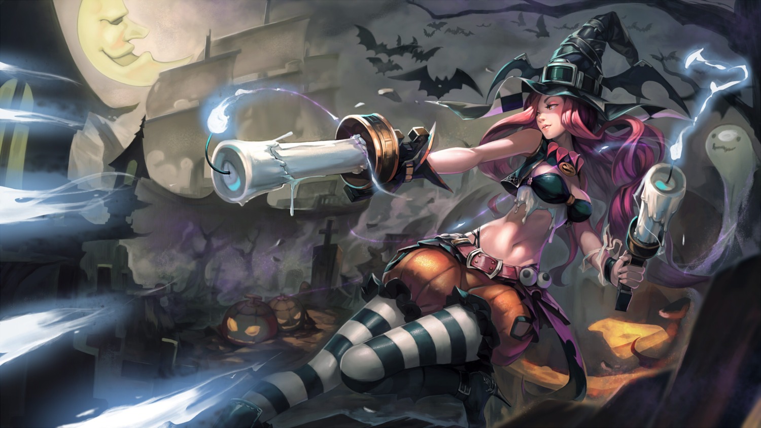 cleavage halloween iorlvm league_of_legends miss_fortune pantyhose wallpaper weapon witch