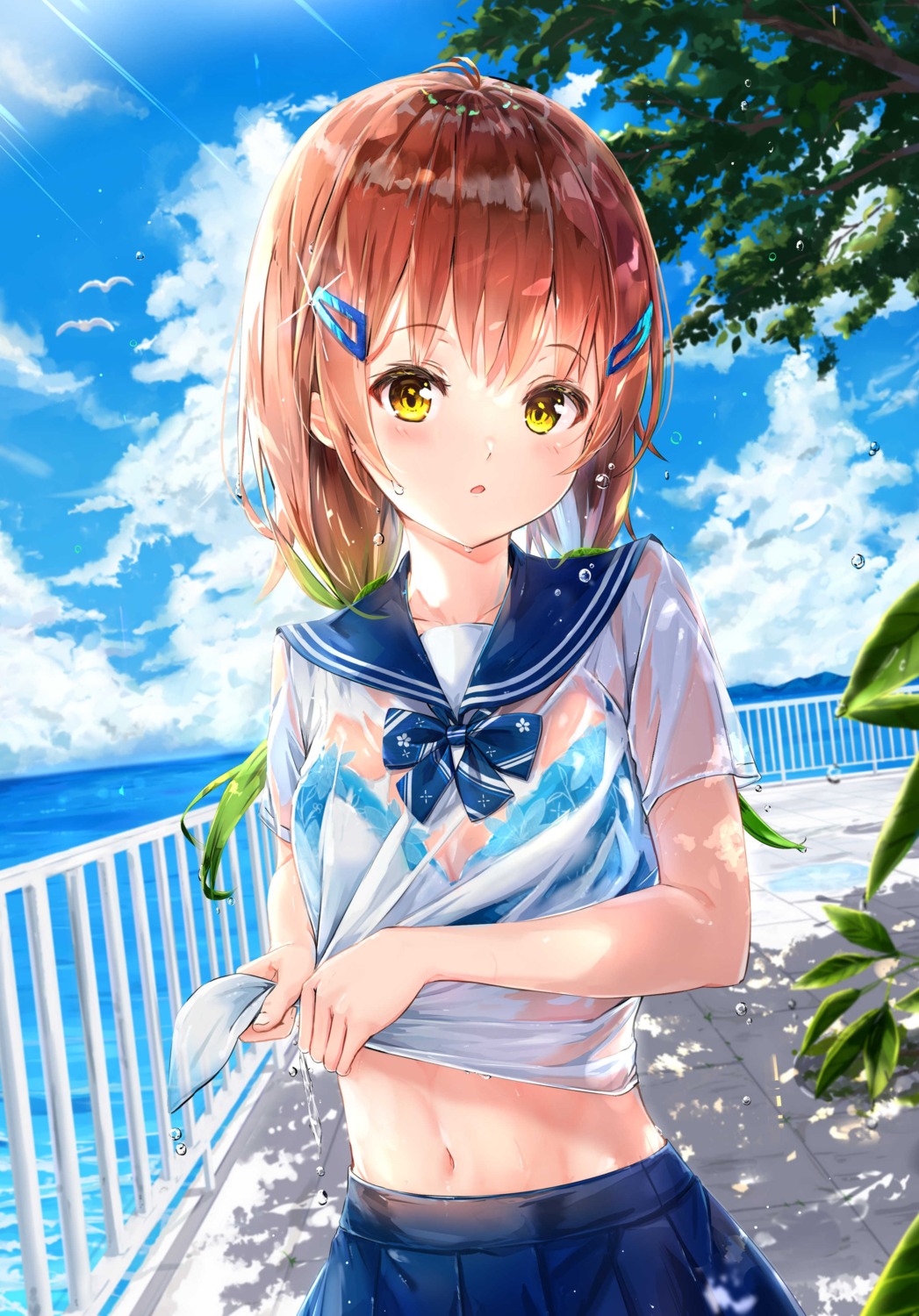 bra na_kyo see_through seifuku shirt_lift wet wet_clothes