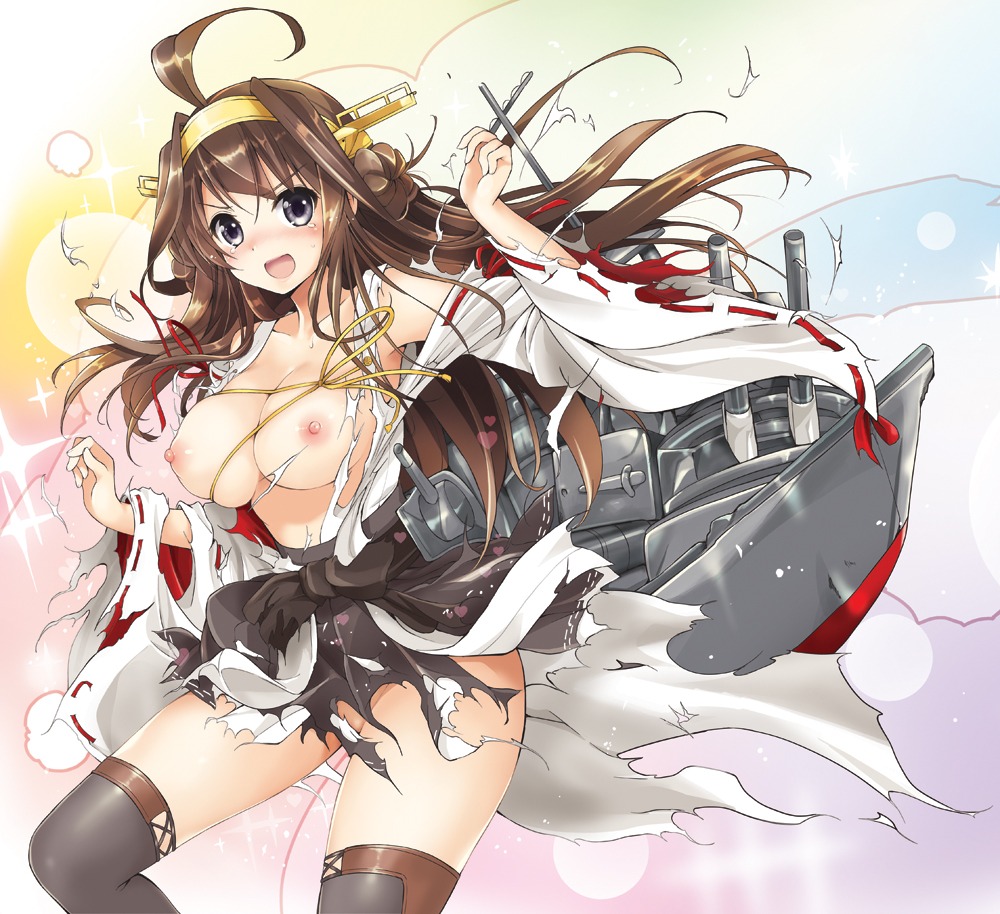 breasts kantai_collection kongou_(kancolle) nipples no_bra nopan thighhighs torn_clothes tsukako