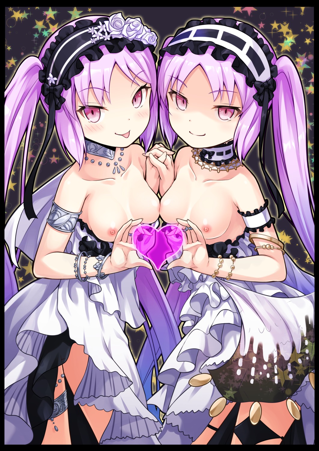 breasts dress euryale fate/grand_order fate/stay_night garter kasaran loli lolita_fashion nipples no_bra open_shirt stheno symmetrical_docking