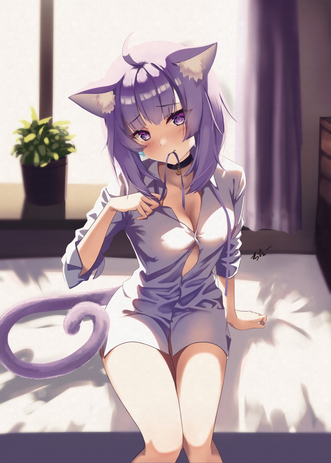 animal_ears dress_shirt hololive hololive_gamers mottiie nekomata_okayu nekomimi no_bra open_shirt see_through tail