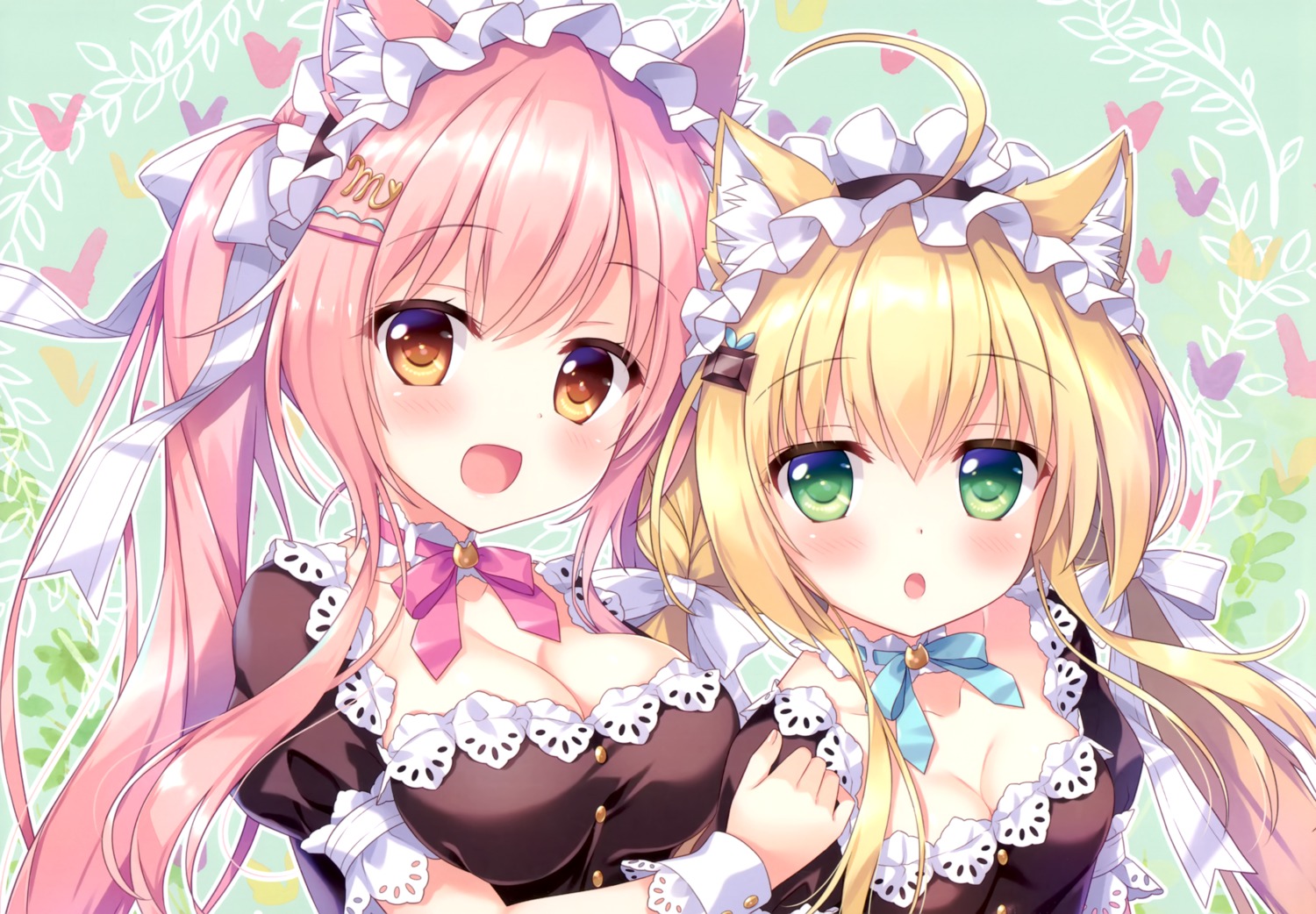 ame_nochi_yuki ameto_yuki animal_ears choco_mint_(ameto_yuki) cleavage macaron_(ameto_yuki) maid nekomimi