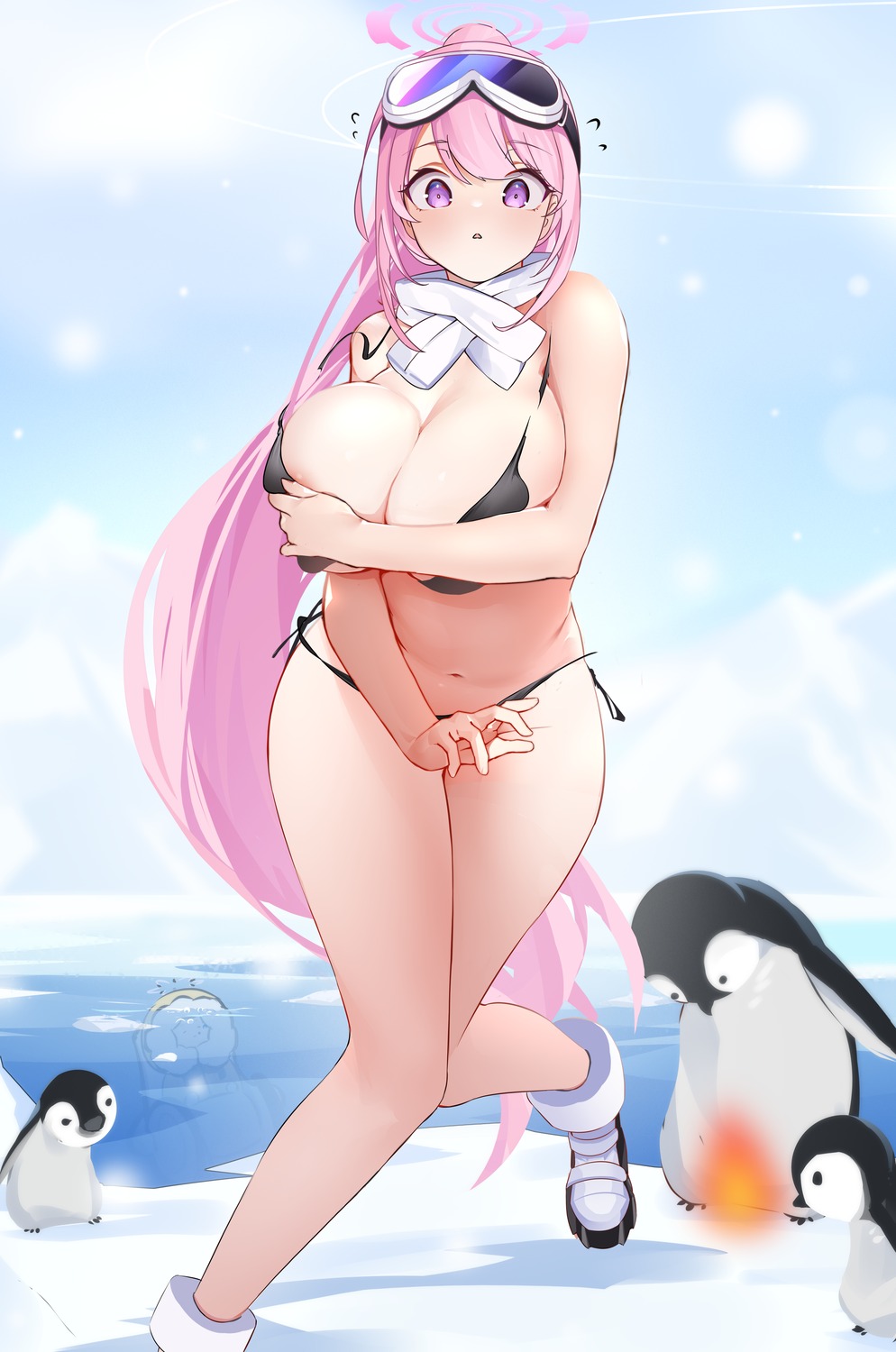 akeboshi_himari bikini blue_archive breast_hold dun_ji halo izumimoto_eimi penguin swimsuits wardrobe_malfunction