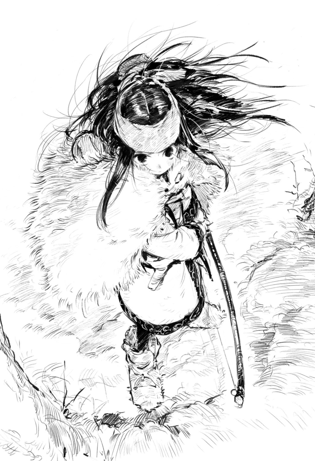 asirpa chomoran golden_kamuy monochrome sketch weapon