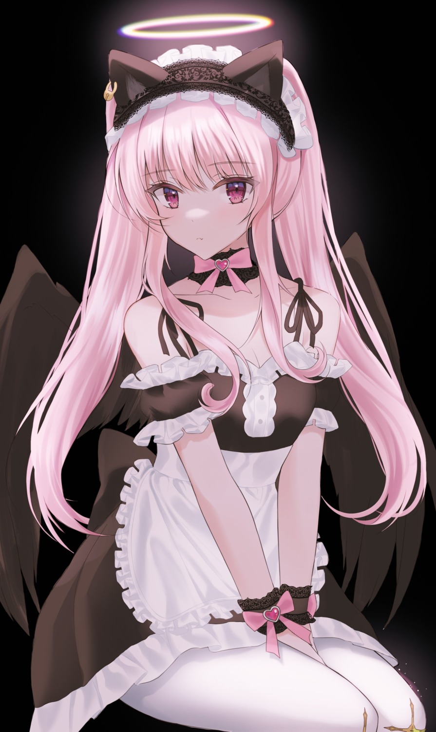 angel animal_ears cleavage maid nekomimi no_bra pantyhose skirt_lift wings yagen_(user_mxur3238)