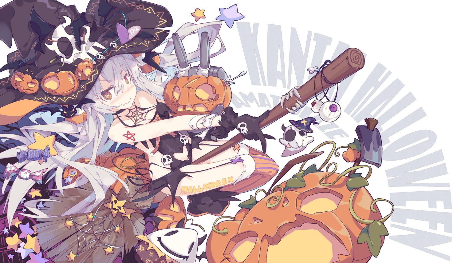 amatsukaze_(kancolle) cleavage halloween kantai_collection litsvn rensouhou-kun stockings tattoo thighhighs witch