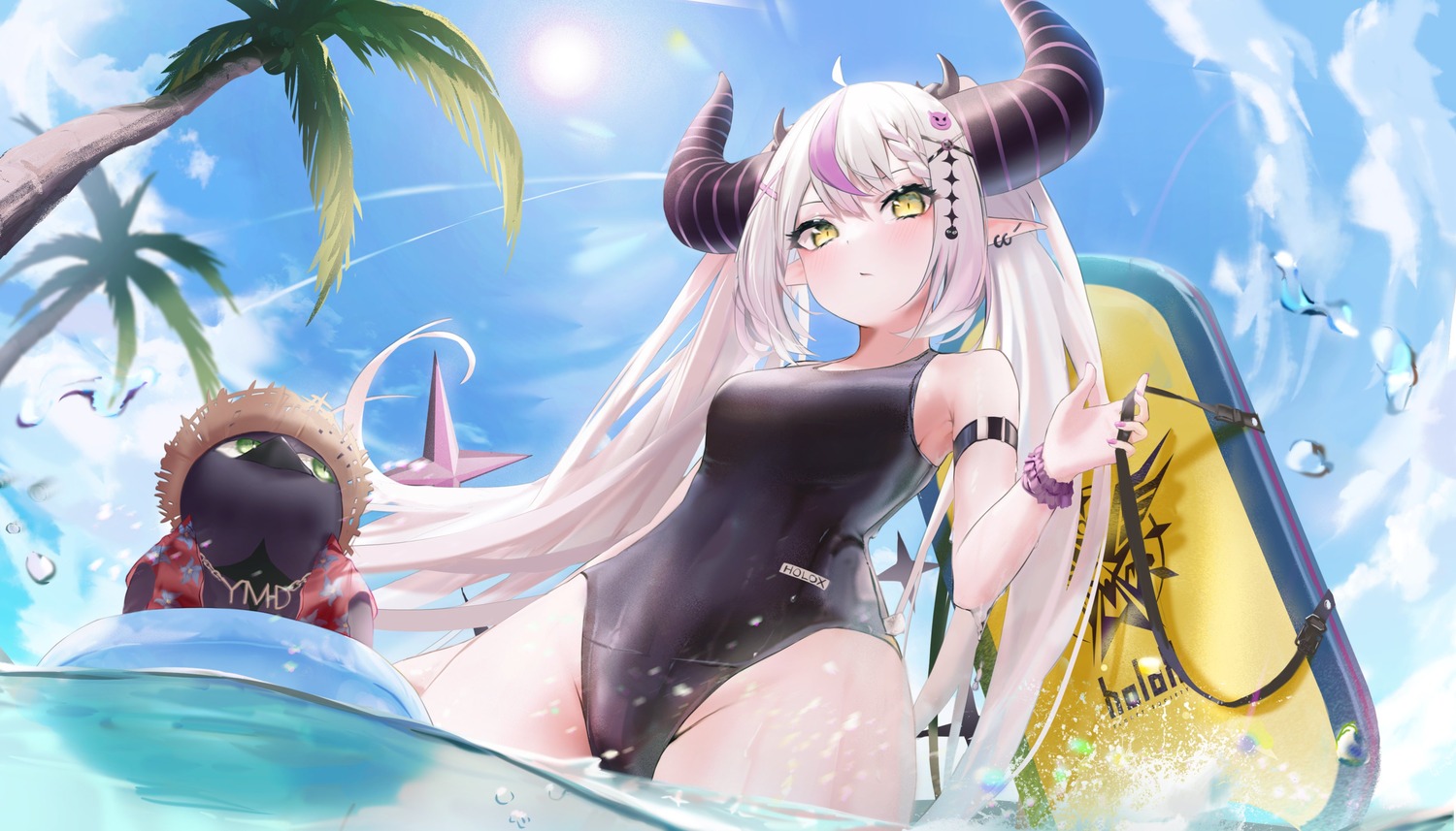 crow_(la+_darknesss) hololive horns la+_darknesss pointy_ears swimsuits tail wanne wet