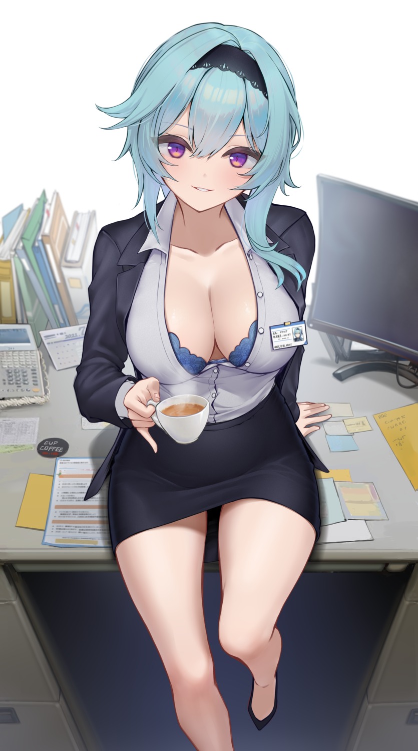 bra business_suit eula genshin_impact open_shirt skirt_lift terebi_(shimizu1996)