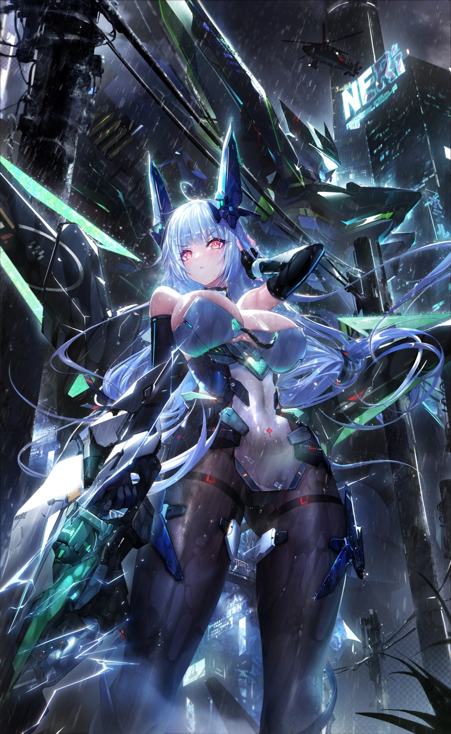 cross_core mecha_musume no_bra pantyhose weapon wet zer_z2